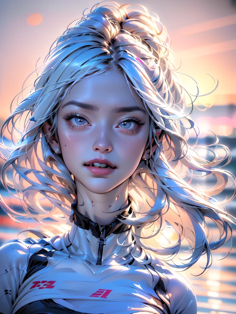 masterpiece, best quality, extremely detailed CG unity 8k wallpaper, Woman in swimsuit, He is floating comfortably on his back in the calm sea, looking up at the sky., Dazzling sunlight, Lens flare, Octane Rendering Style, Overall particle light, Crystal clear seawater, Realistic representation of water, Bokeh