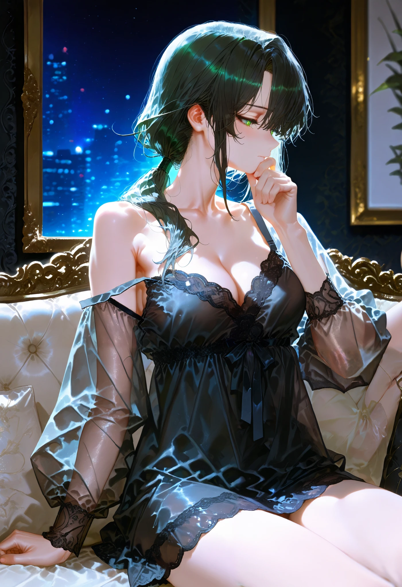 Score_9, Score_8_up, Score_7_up, source_anime, (artist:quasarcake:1.1),(artist:wlop:0.7), Bright Pupils, Shy, Green Eyes, Super Detailed, Masterpiece, Black Long Hair, Accurate, Antique Attire, UHD, Thinking, Depth Of Field, Solo, Full-length Portrait or Statue, Illustration with Movement, Black Luxurious room, "A woman sits on a sofa in the center", The woman sits comfortably on a sofa with her elbows on the armrests, Beautiful Flowing Illustrations, Anatomically Correct, (Modern:1.3), Flexible and Very Nice Body, High Resolution, (Peaceful atmosphere:1.3), Perfect hand, 1woman, Action Painting, Very Pretty Lady, Adult, Mature Woman, Mature Female, Medium Breasts, Mature Body, Cleavage, Long Hair, Low Ponytail over Shoulder, Thighs, From the Side, Cowboy Shot, Woman sitting gracefully on a Sofa, Black Pajamas, Dress, Short Dress, Strap slip, Camisole, Night Gown, Long Sleeves over Waist, See-through Sleeves, Detailed hand, Expressive Hair,