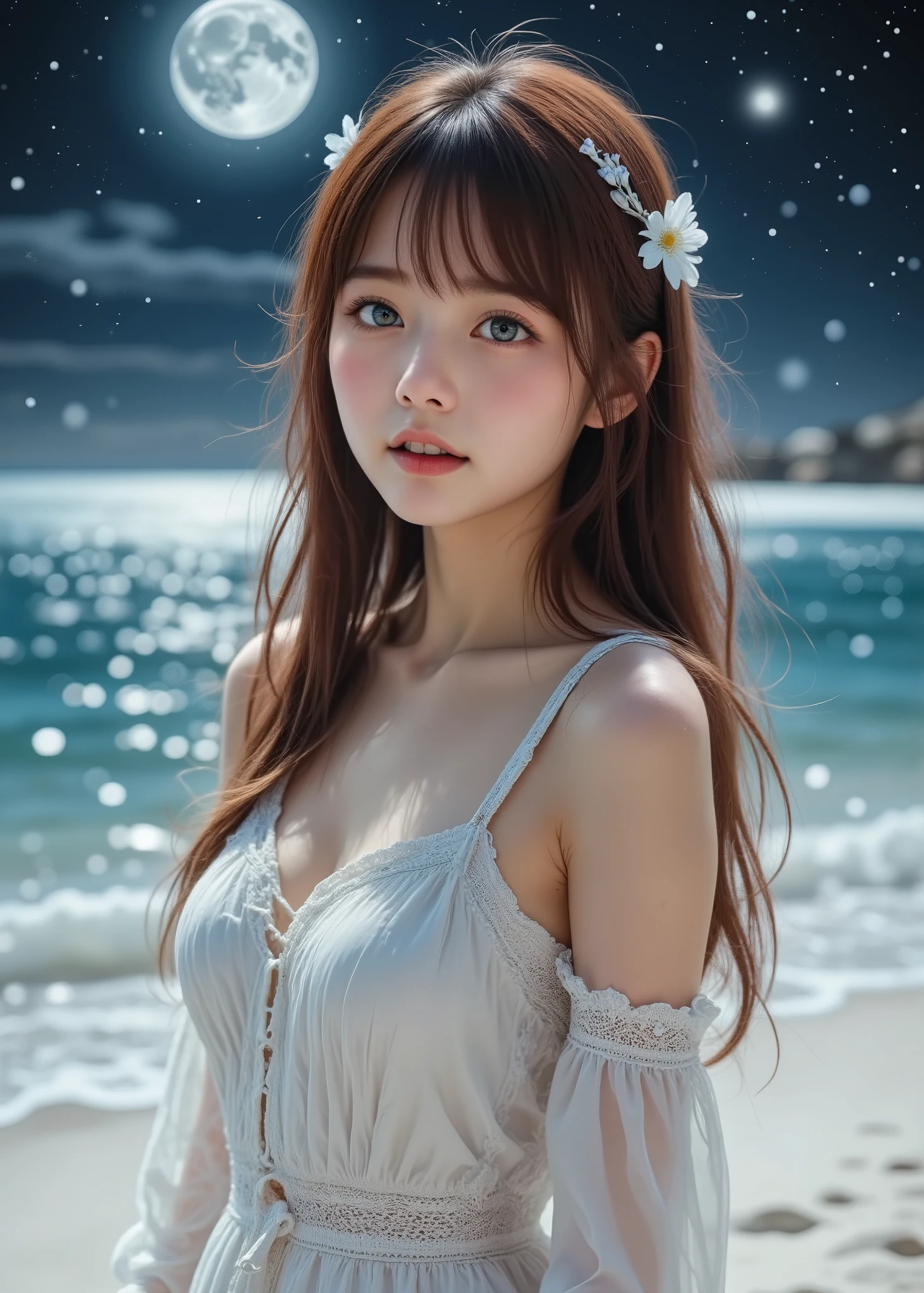 Realistic beautiful single girl 、( full body photo)、 long, maroon hair with bangs、 crystal clear white skin、 A Midsummer Night's Dream、Stand on the white sands of the calm sea where the moon sets、Stars full of stars in the sky 、 fairy tale