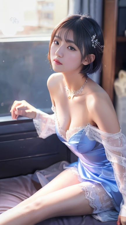 pee(incontinence:1.47), Fashion trendy beautiful and charming woman, gentle and charming Chinese beautiful woman, Korean(kpop-idol), delicate and sexy collarbone, charming oval face, double eyelids, smart [peach]blossom eyes, pink lips, small nose, bare shoulders, focus on the face, [[close-up of the face]], Ultra-high-definition, super-detailed, white off-shoulder lace shirt, ight blue high slit miniskirt, (chest cutout). ((black)lace panties), fresh and impressive, Natural(big breasts:1.25), (kneeling to sitting on the ground), (open your legs wide), ((spread legs)), (from below angle), (erectnipples:1.5), (glossy skin:1.4), ((low angle)), Perfect figure, areolas, cleavage, armpit wrinkles, (urine on the floor), (nsfw:1.2)