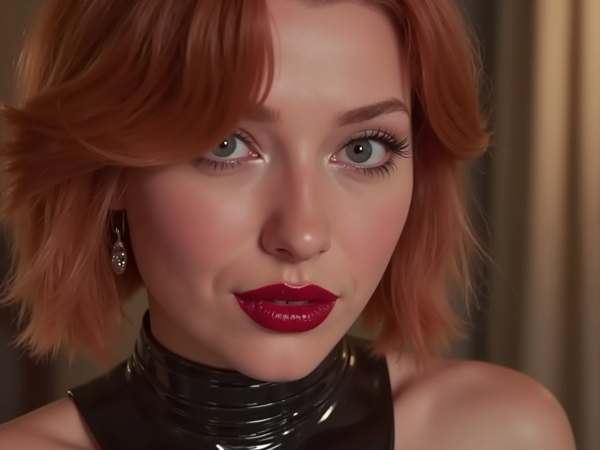 latex dress, deep red shiny lip gloss, eyeliner flicks, eye shadow, elegant red hair, in her bedroom