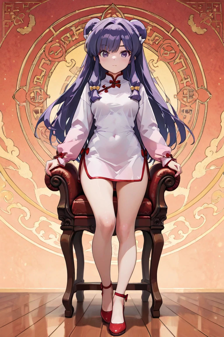 Reference table, Chinese skinny cheongsam,White cheongsam,((White shorts)),(Show your arms) ,(Show your legs)Matching Clothing, ((best quality)), ((masterpiece)), (Full body),(A woman),Long hair,Lots of hair,((Full front)),(Sit all over the body,sit on the chair)White embroidered shoes,(Hands on both sides of the body), Clear facial features,Smile,Clean lines design,Transparent Background, Clear facial features,beautiful眼睛,beautiful脸庞, beautiful, (((White background))) , ((No light))), Random Hairstyle, Brown hair, random eyes color