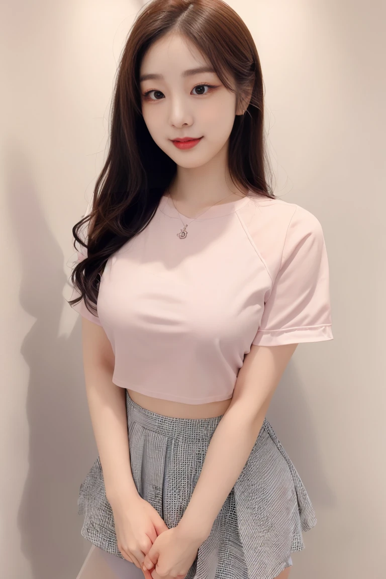 ((midnight, acura, 8k, master piece: 1.3)), full body esbian, long legs, four colors: 1.2, beautiful woman with perfect figure: 1.4, slim abs: 1.1, (dark brown hair,: 1.2 )), (pink skinny t-shirt, short skirt,sitting in a chair: 1.2), (city night view, roof: 1.3)), Highly detailed face and skin texture, detailed eye, double eyelid,Japanese beauty、smile、short hair style