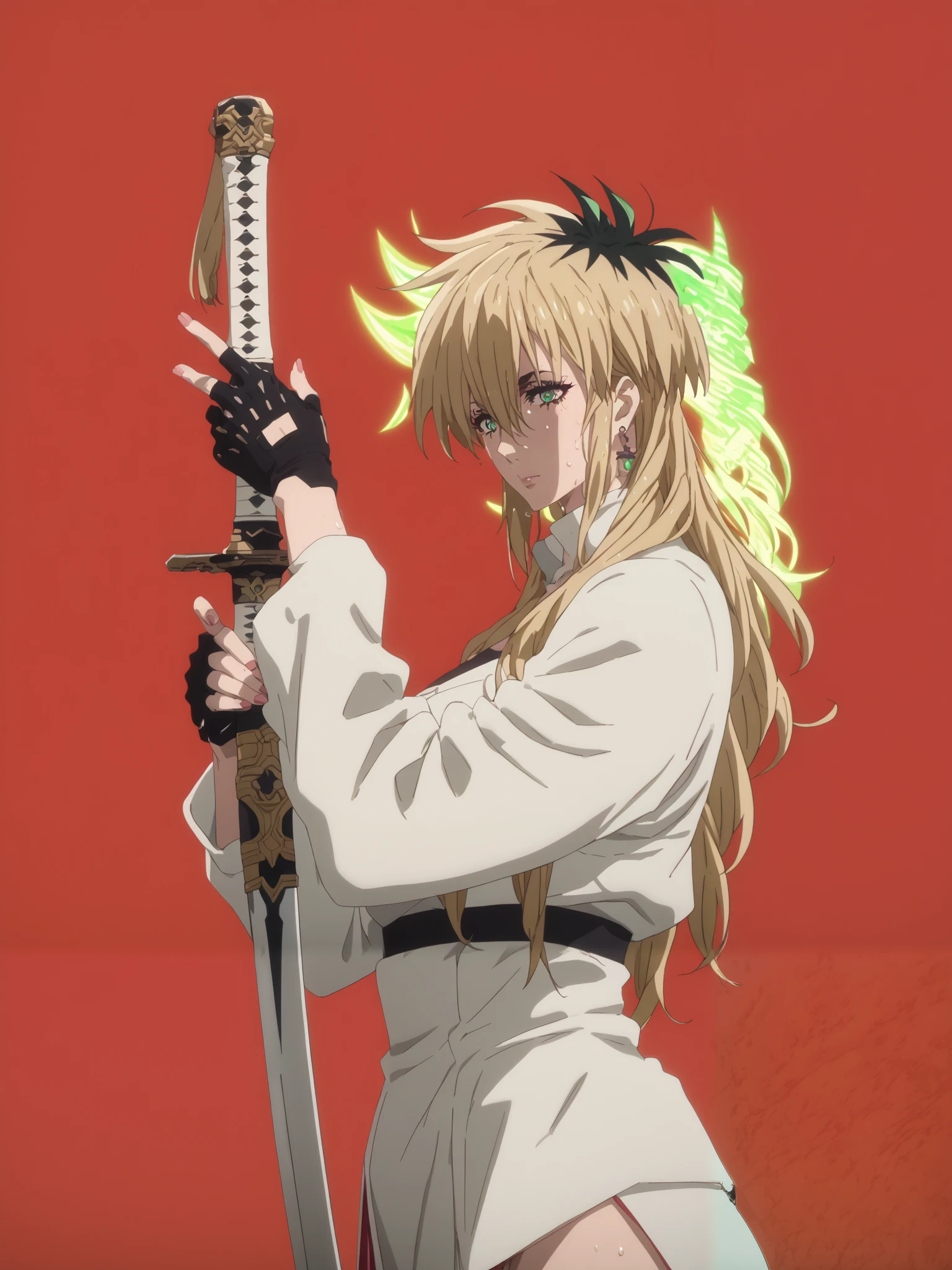 score_9, score_8_up, score_7_up, score_6_up, uncensored, miyako ishida, long hair, bangs, blonde hair, black hair, hair between eyes, green eyes, multicolored hair, two-tone hair, large breasts, bright pupils, anime coloring, anime screencap, (voluptuous:1.3), (thick:1.3), BREAK UHD, retina, masterpiece, accurate, anatomically correct, textured skin, super detail, high details, high quality, award winning, best quality, highres, 4K, excessive sweating, sweating, sweating drop, (gasping, heavy breathing:1.3), (skindentation:1.2), perfect eyes, beautiful eyes, eyelashes, makeup, detailed body, perfect body, BREAK, 1girl, weapon, solo, sword, red_background, earrings, jewelry, horns, katana, holding_weapon, holding, oni_horns, simple_background, ear_piercing, sheath, holding_sword, oni, mechanical_arms, white_jacket, piercing, jacket, cyberpunk, profile, from_side, sheathed, looking_at_viewer, cyborg,