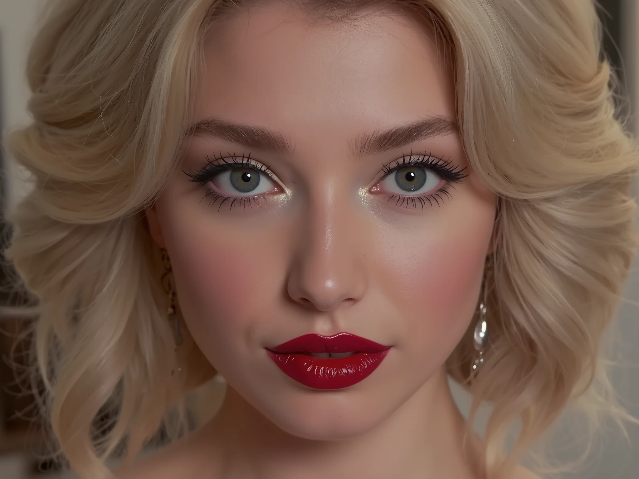 extreme close up of face, deep red shiny lip gloss, eyeliner flicks, eye shadow, elegant blonde hair