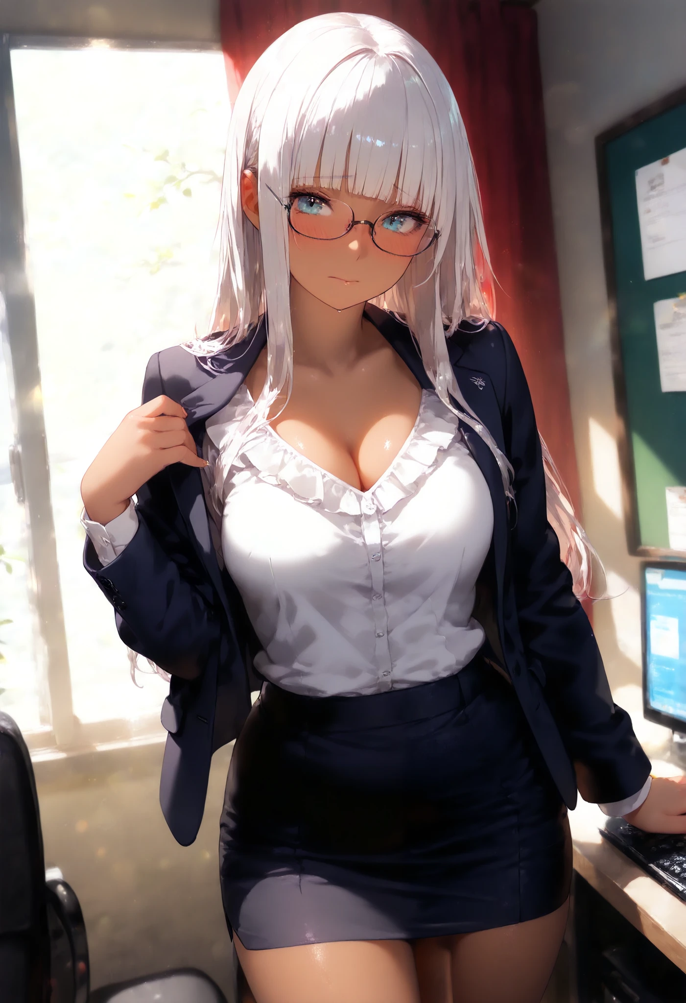 (Best quality:1.1), (Masterpiece:1.2), Highqualityshadow, Beautiful detailed, Beautiful face, Detailed eyes, Off-the-shoulder attire,Depth of field, A high resolution, Best shadow, Best illumination, 1girll, view the viewer, (White color hair:1.3),short detailed hair, Blunt bangs, Long hair, Purple eyes, Shy, Large breasts, Miniskirt, blouse, Blazer, Pump, Office Lady, Glasses,cleavage,looks into camera,ssmile,closeup cleavage