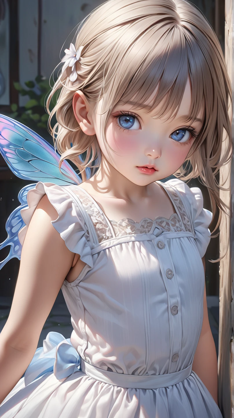 fairy, 6 inch tall, tiny, chubby, young The first is a flirty girl with alabaster hair, tied back in a small bun, dark blue eyes, covered with heavy lashes.