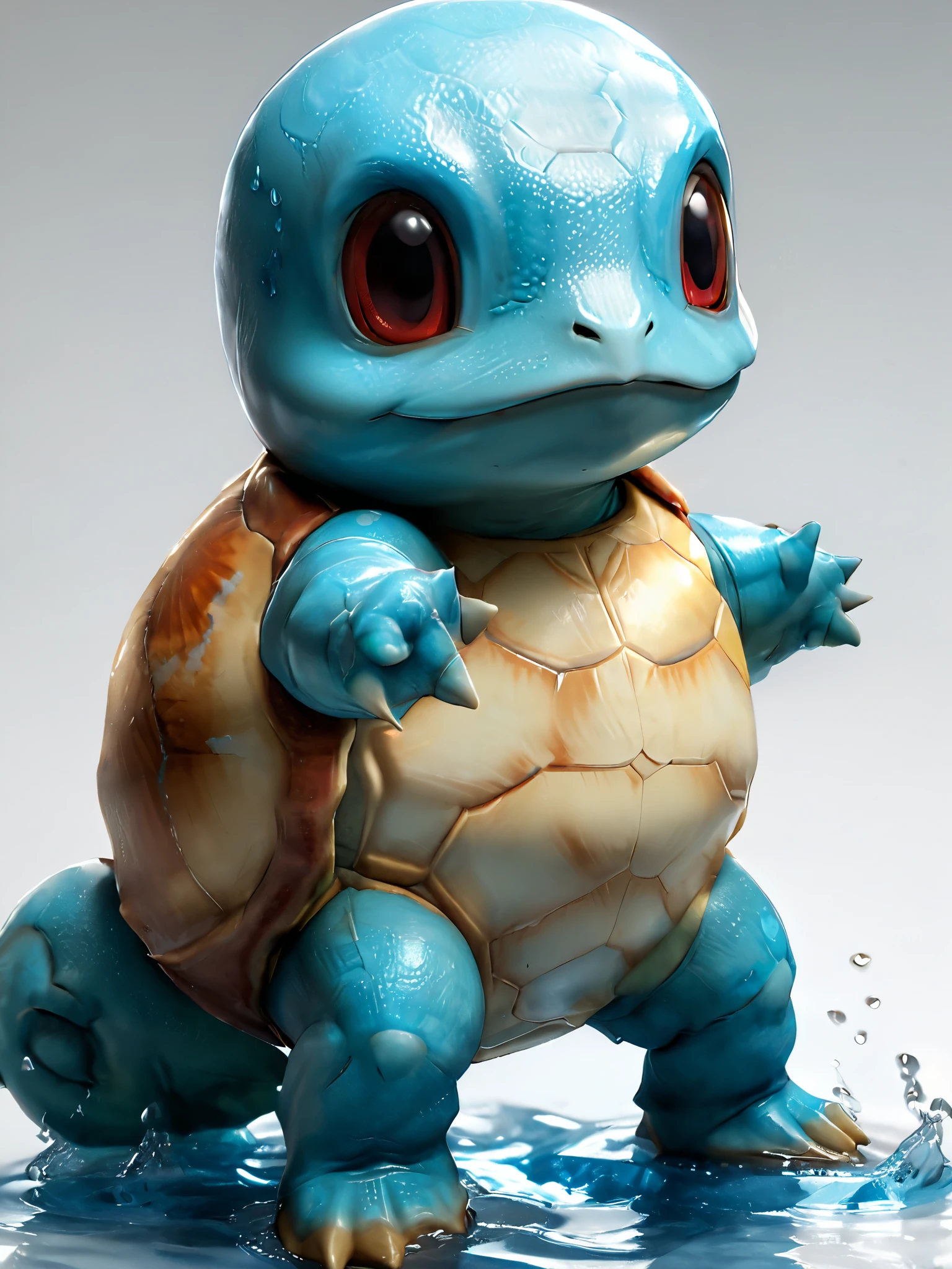 Ultra-detailed, hyperrealistic photographic depiction of Squirtle from Pokémon, styled in Square Enix's vivid 8K detail, standing on a pure white background. Squirtle's smooth, water-slicked shell has a glossy, high-definition texture, reflecting soft, diffused lighting. Its blue skin appears slightly damp, with intricate detailslike realistic skin texture. The lighting is professionally balanced, casting subtle, natural shadows beneath Squirtle to enhance depth while maintaining the clean, minimalist aesthetic of the background. Squirtle’s large, expressive eyes gleam with lifelike reflections, showcasing its personality and charm. The ultra-high-definition rendering ensures every detail, from the faintest surface imperfections on its shell to the soft translucency of its limbs, is captured with breathtaking clarity, --raw, --stylize 1000, --niji 6