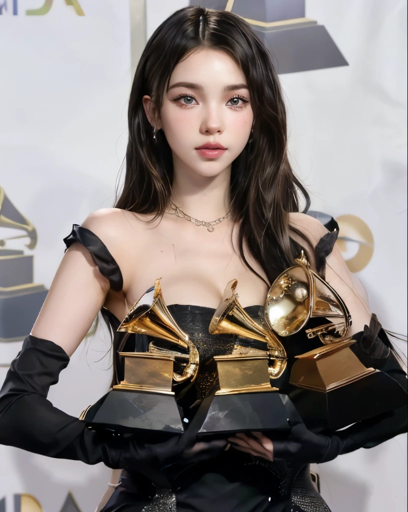 a woman in a black dress holding two awards in her hands, grammy award winning, dua lipa, 2019, 2 0 1 9, lana del rey, 2018, 2 0 1 8, taken in the early 2020s, edited, hailee steinfeld, 2 0 2 0, 2020, charli xcx