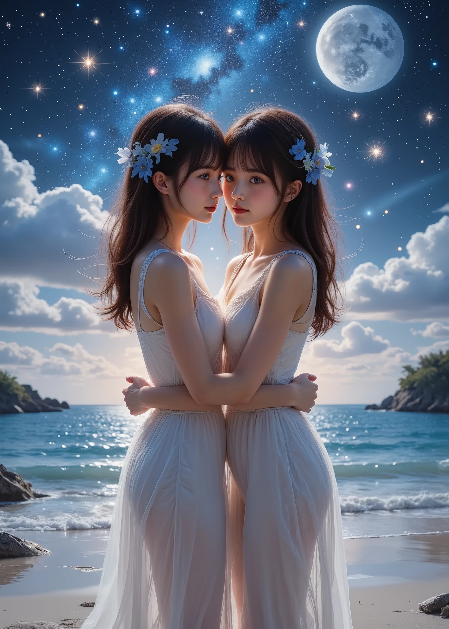 Two Realistic Beautiful Girls 、Two people standing close together、 slim body、( full body photo)、 long, maroon hair with bangs、 crystal clear white skin、 A Midsummer Night's Dream、Stand on the white sands of the calm sea where the moon sets、Stars full of stars in the sky 、 fairy tale