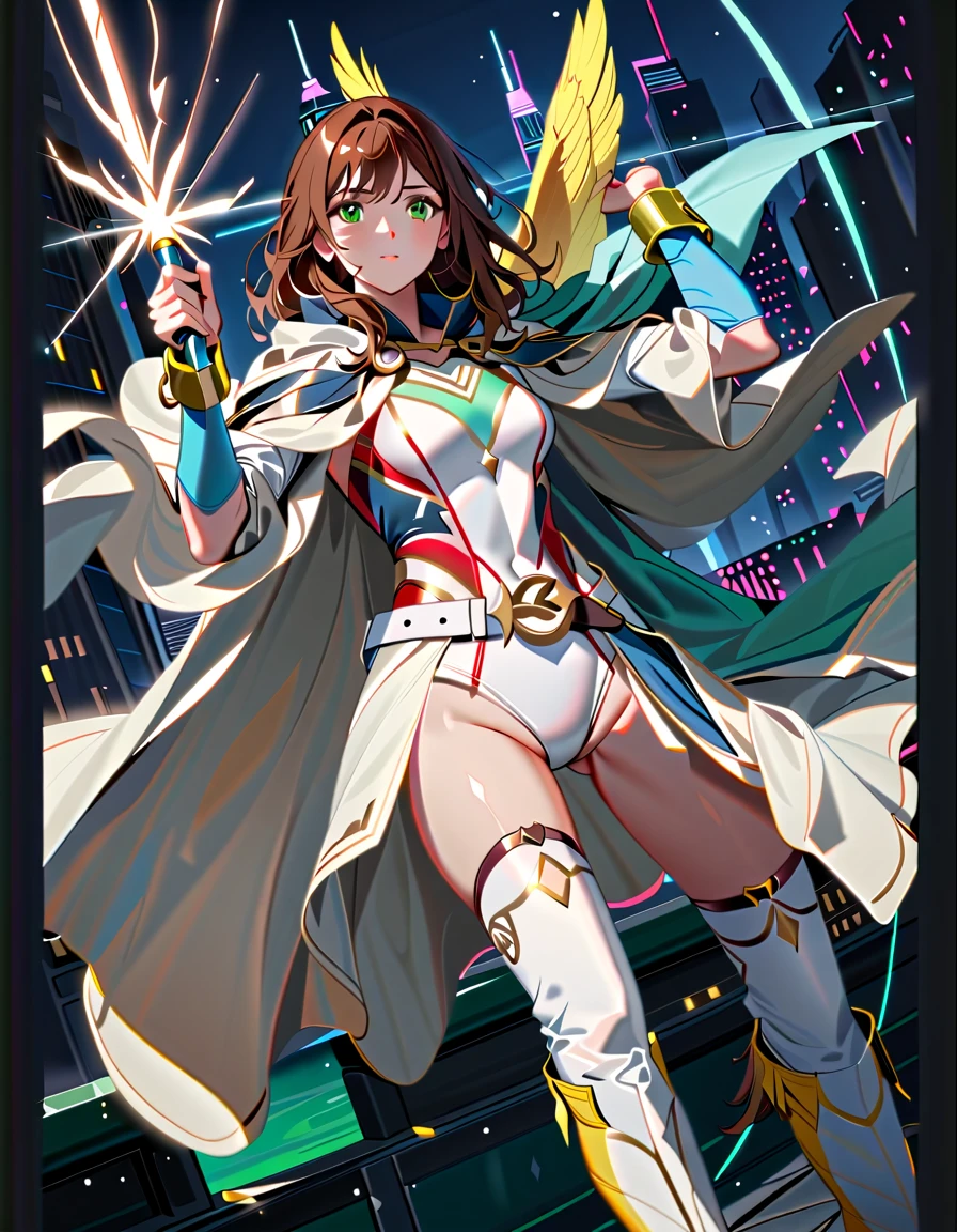 (Masterpiece, Fine and Meticulous Beautiful Eyes: 1.2), Ultra Detailed, Illustration, A Happy Girl in a Futuristic Costume with Glowing Gadgets, Standing in the Center of a Utopian Metropolis, Marveling at Its Perfect Harmony, Detailed Background, (Reality: 2), Volumetric Light, Sunlight, Rays, Sky, Clouds,