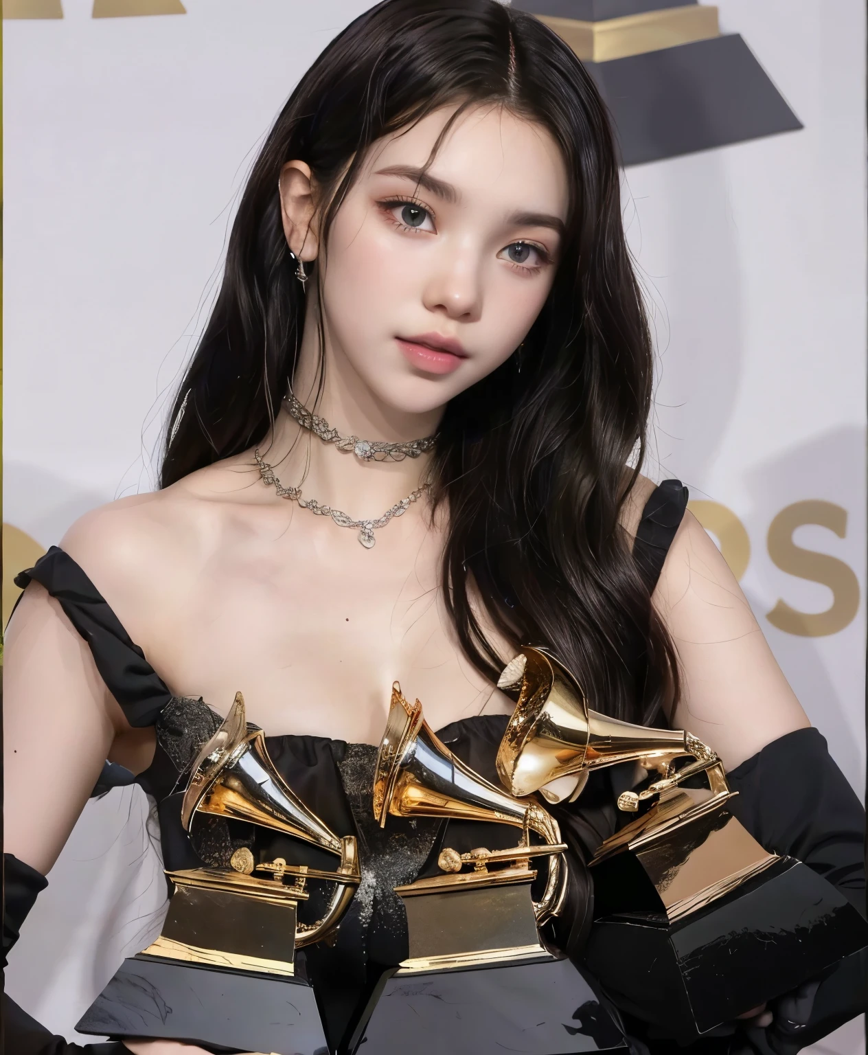 a woman in a black dress holding two awards in her hands, grammy award winning, dua lipa, 2019, 2 0 1 9, lana del rey, 2018, 2 0 1 8, taken in the early 2020s, edited, hailee steinfeld, 2 0 2 0, 2020, charli xcx