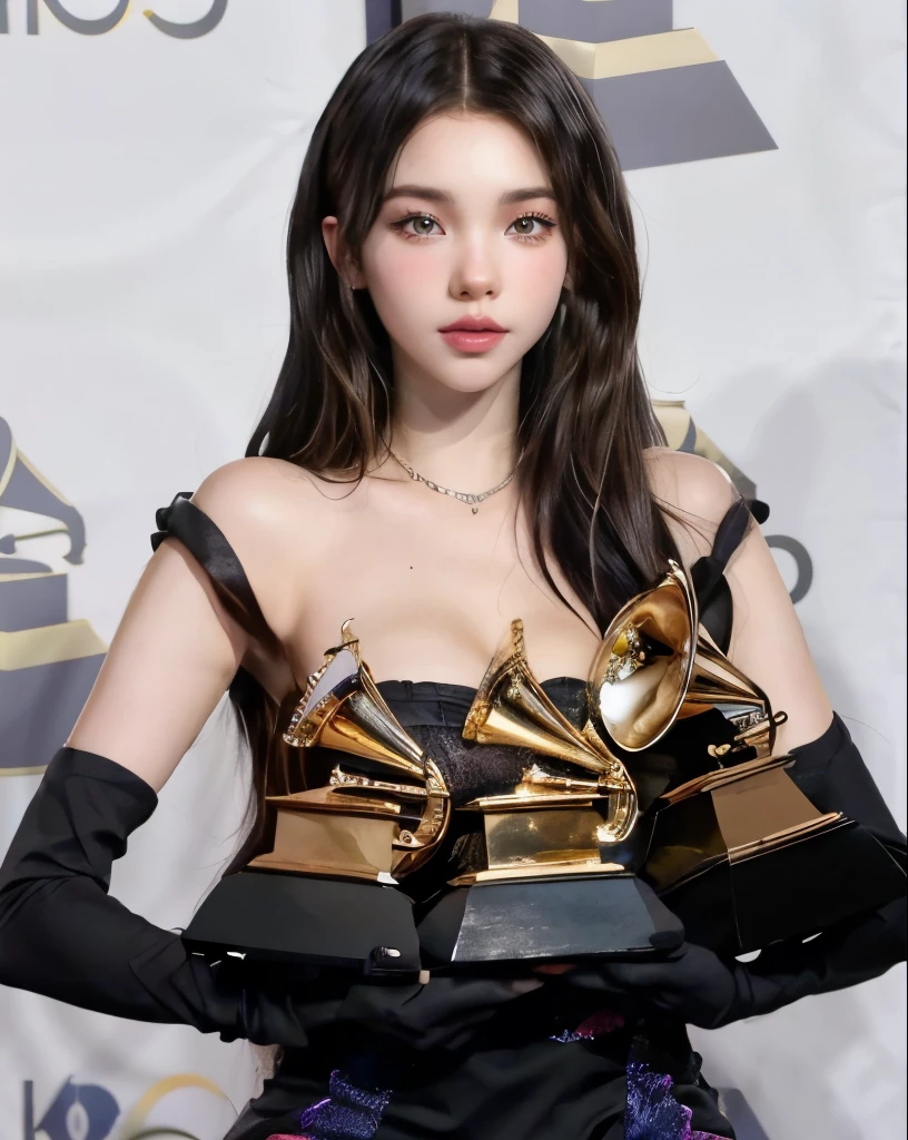 a woman in a black dress holding two awards in her hands, grammy award winning, dua lipa, 2019, 2 0 1 9, lana del rey, 2018, 2 0 1 8, taken in the early 2020s, edited, hailee steinfeld, 2 0 2 0, 2020, charli xcx