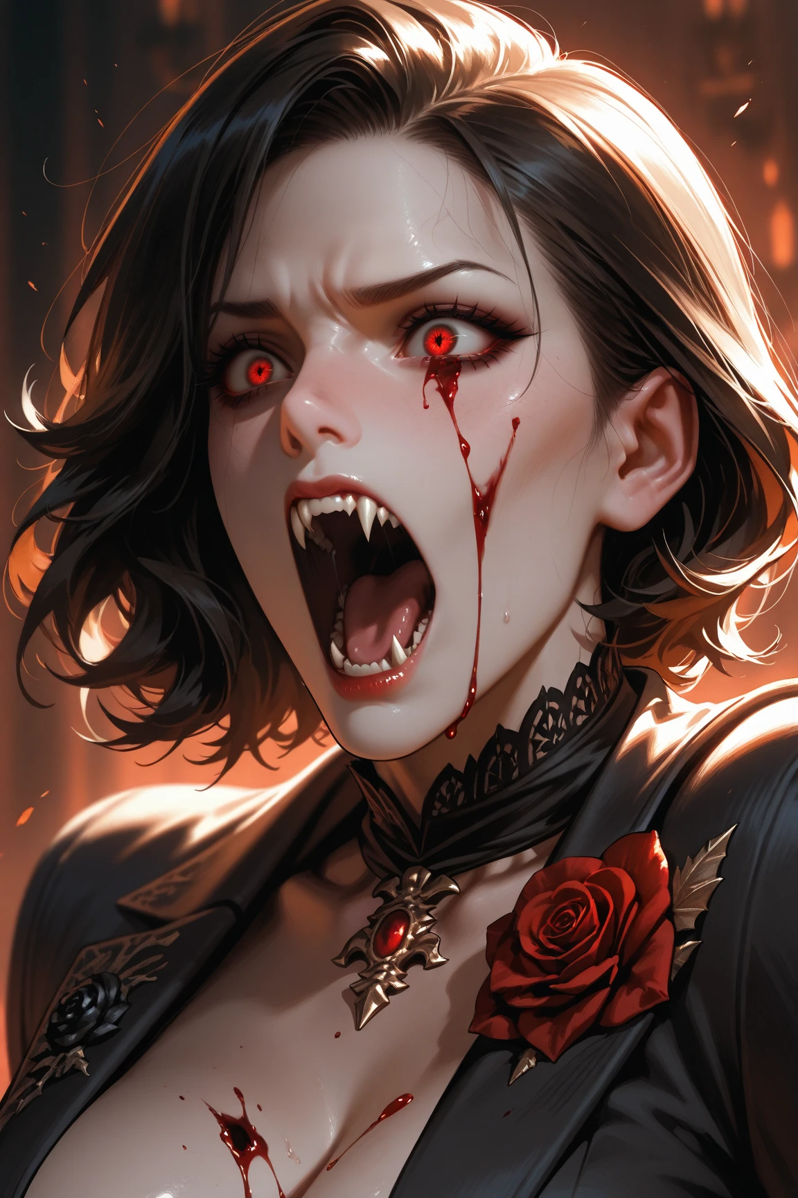 (masterpiece, best quality:1.2, Detailed Face), solo, Long black hair, Dark horror lab background, Looking at blood-soaked hands, Evil crazy smile, Demonic glowing red eyes, 