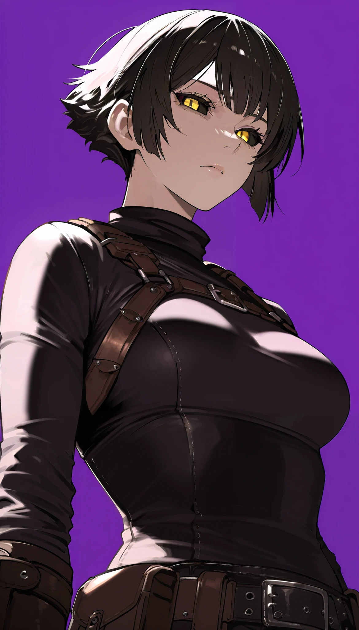 1girl, solo, (simple background), yellow eyes, black_sclera, purple background, (upper body at the waist), tall woman, medium breasts, mad max clothes, upper body, ((Masterpiece)), (( top quality), high definition, detailed face , clean eyes
