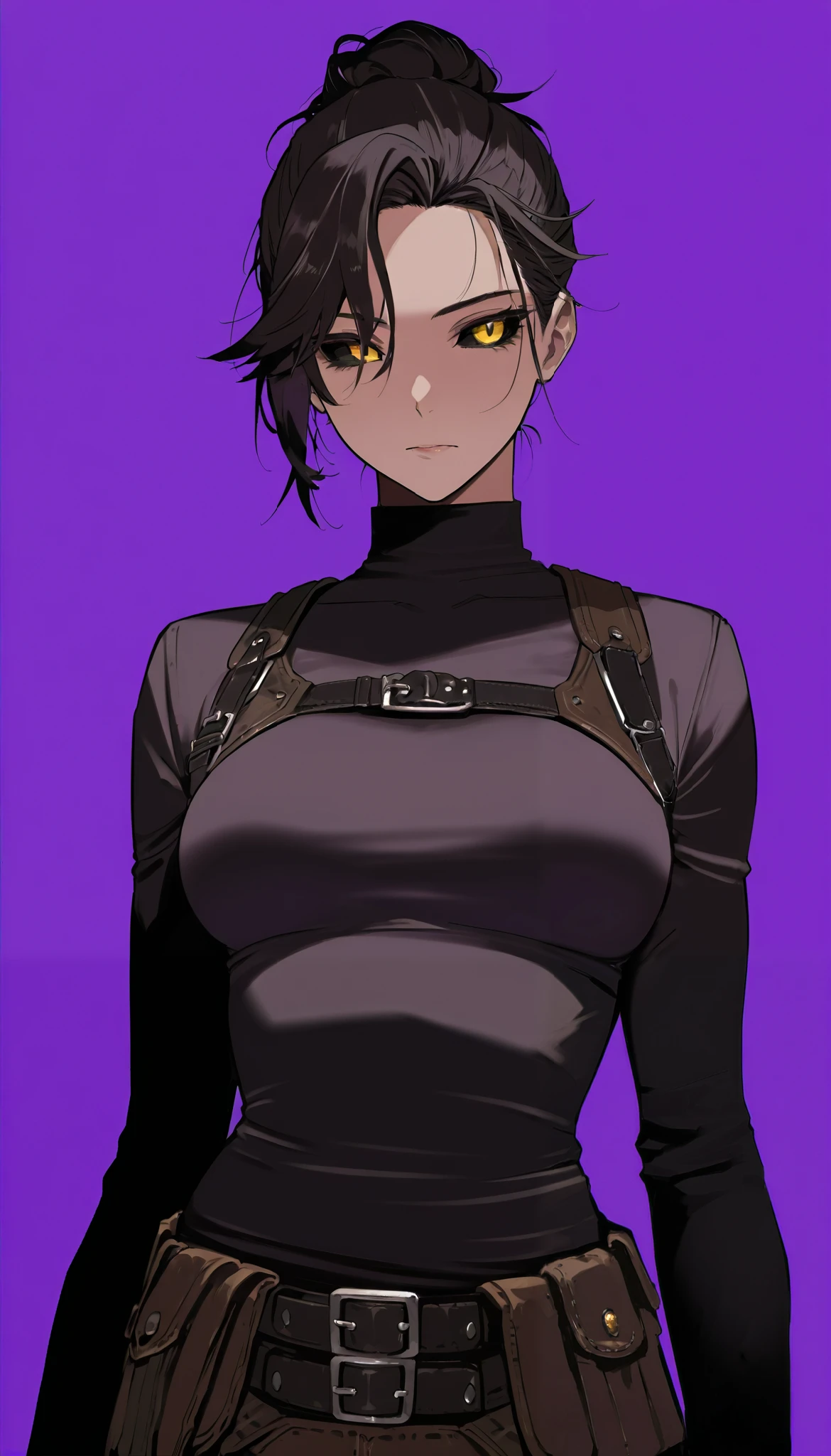 1girl, solo, (simple background), yellow eyes, black_sclera, purple background, (upper body at the waist), tall woman, medium breasts, mad max clothes, upper body, ((Masterpiece)), (( top quality), high definition, detailed face , clean eyes