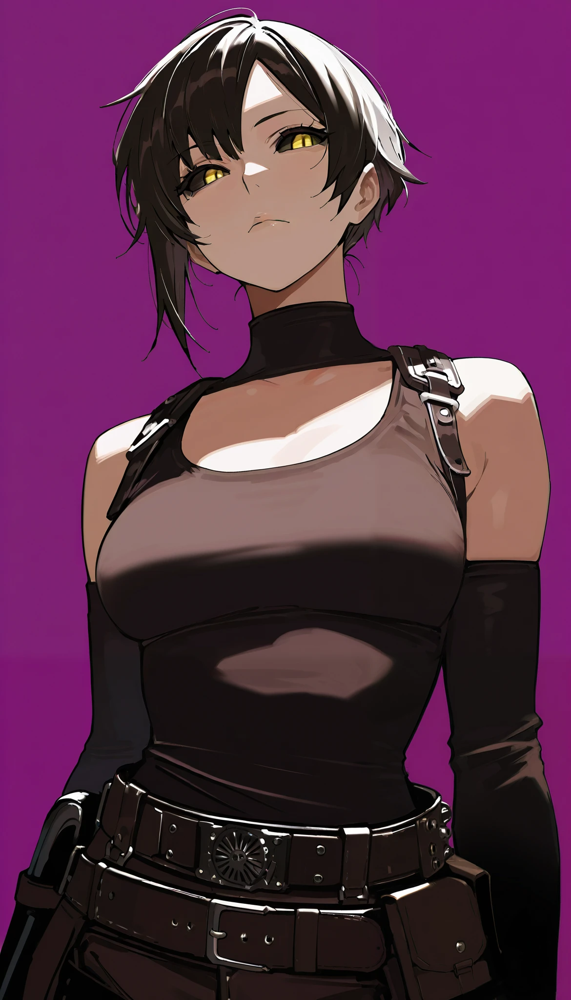 1girl, solo, (simple background), yellow eyes, black_sclera, purple background, (upper body at the waist), tall woman, medium breasts, mad max clothes, upper body, ((Masterpiece)), (( top quality), high definition, detailed face , clean eyes