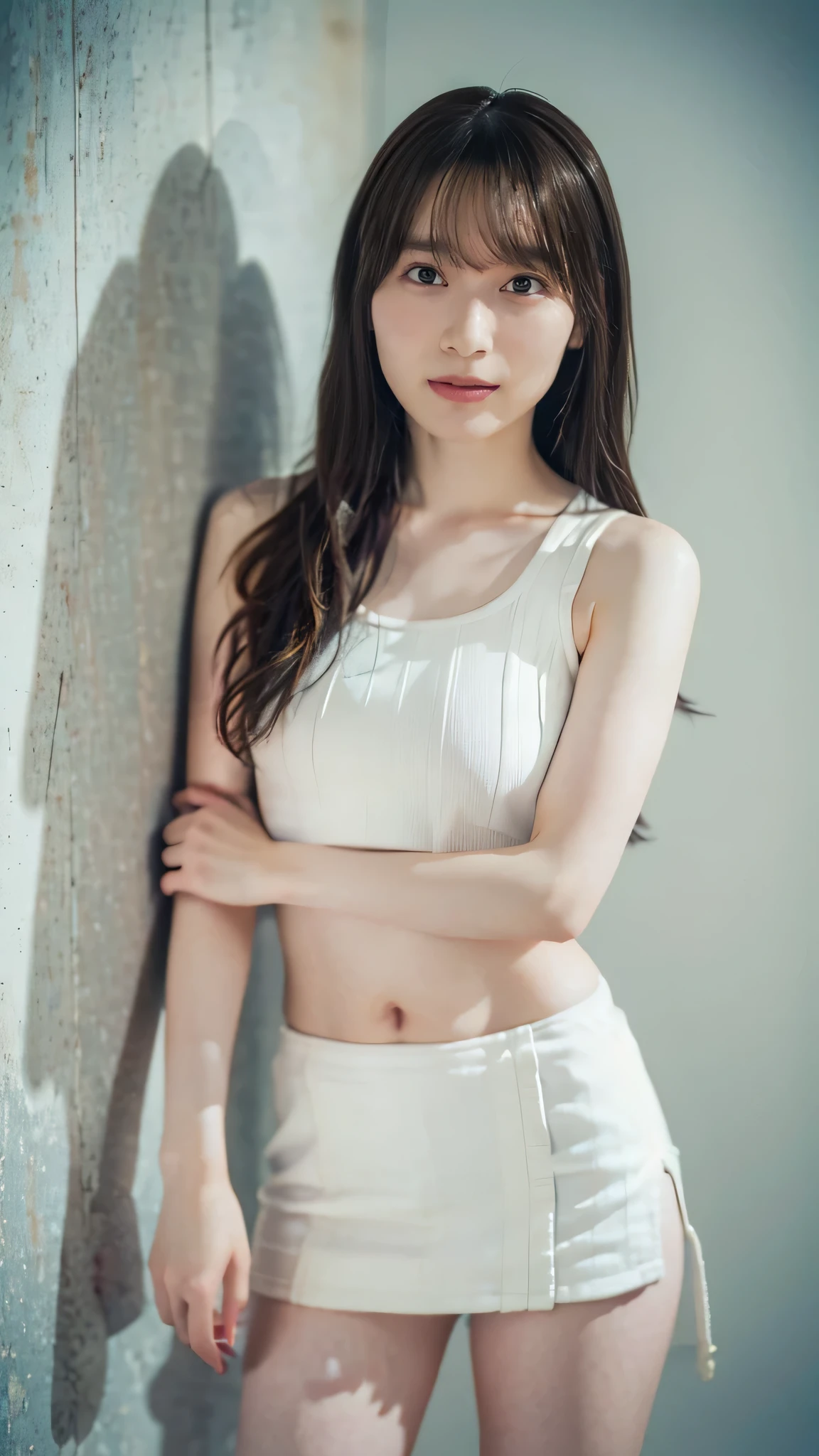 (( 1 girl)), woman, Masterpiece, top quality, top quality, cinematic lights, (Volumetric Lighting), extremely detailed CG unity 8k wallpaper, Concentrated, 8k wallpaper, extremely detailed, super real, photorealistic, sharp concentration, is ridiculous, ( high resolution:1.2), ( high contrast), photos, detailed and complicated, Instagram , portrait , very detailed, digital painting , ART STATION, concept art , smooth, sharp concentration, illustration , cinematic lights, ( big breasts:1.3), ((( skinny, thin legs))), ( Wearing the posture of a Japanese idol ), ( knit strap tank top, mini skirt, open shoulder , open, Chest), is watching viewers , ((Indian Pose)), ((Medium body shot , Hip Level Shots )), long hair(Layers) (( is leaning against the wall)), beautiful eyes.