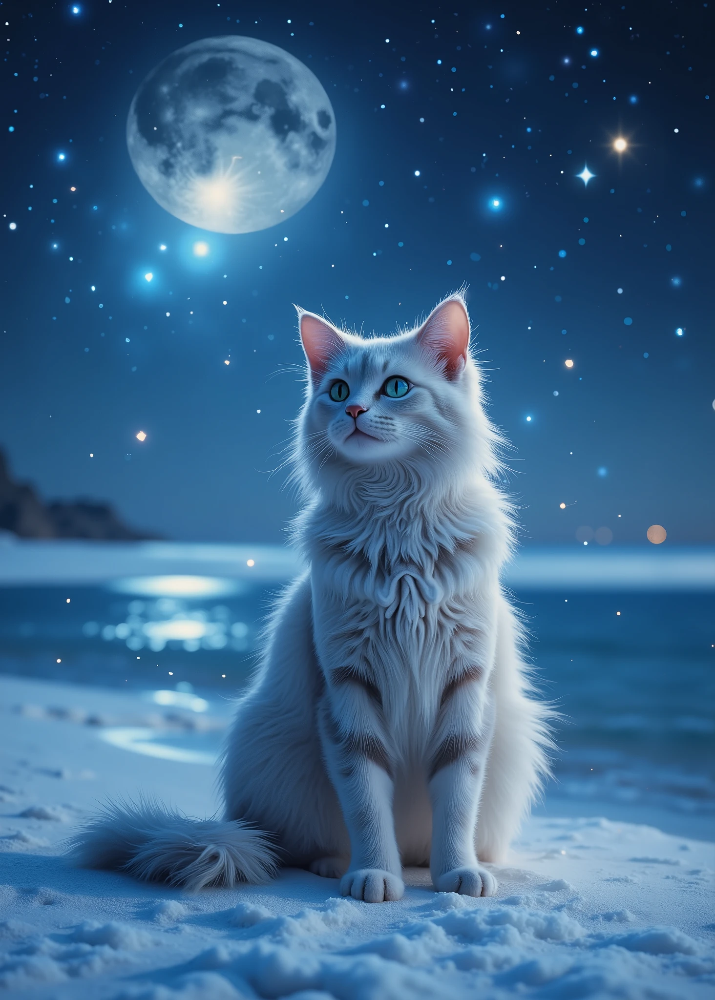 Realistic beautiful cat 、 beautiful coat 、( full body photo)、 A Midsummer Night's Dream、 sits on a white sand beach in calm waters where the moon sets、Stars full of stars in the sky 、 fairy tale