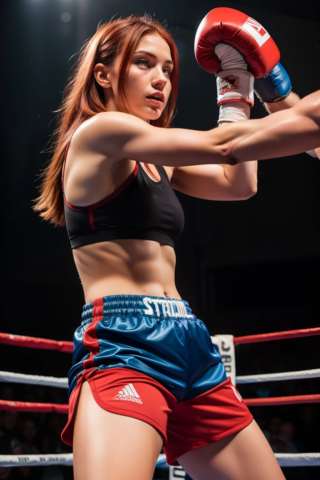 Masterpiece, 12 year old girl, red hair, freckles, white sports bra, red short shorts, in a boxing ring, wearing boxing gloves, side view, realistic, wet skin