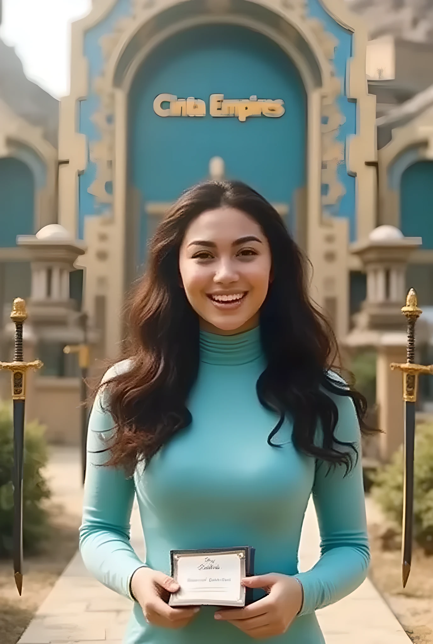 Necesito una chica de pelo largo y castaño que se ría riendo vestida de azul claro sleeveless , sleeveless , turtleneck, vestido ajustado con turtleneck . showing the small open scroll (" SECRETARY OF THE EMPIRE TAPE ") . IN FRONT OF A FUTURISTIC EGYPTIAN SWORDS ,building. ( gold text "EMPIRES TAPE )) bright sun , happy hours .