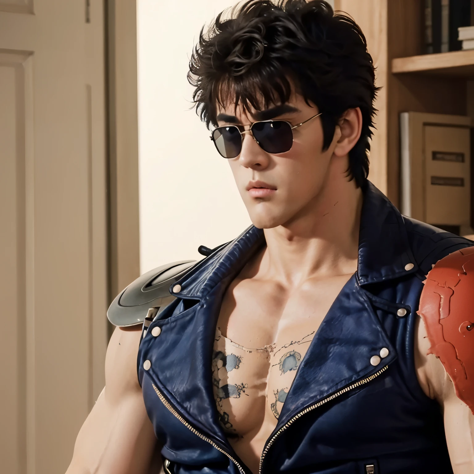 (( Kenshiro's Hairstyle , Short messy hair)), Brown Hair, thick eyebrows,(( sunglasses))