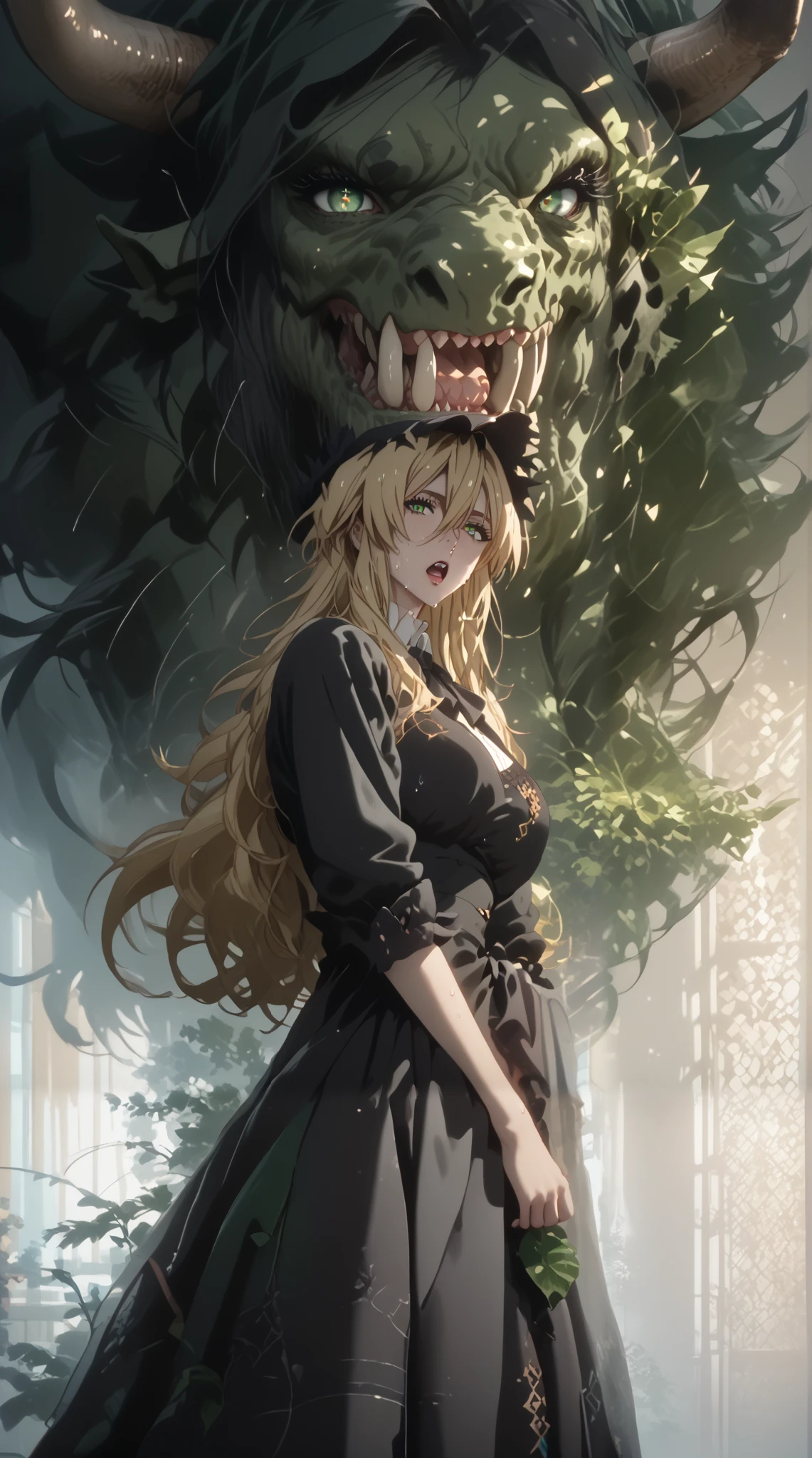 GotExpressCinematic, score_9, score_8_up, score_7_up, score_6_up, uncensored, miyako ishida, long hair, bangs, blonde hair, black hair, hair between eyes, green eyes, multicolored hair, two-tone hair, large breasts, bright pupils, anime coloring, anime screencap, (voluptuous:1.3), (thick:1.3), BREAK UHD, retina, masterpiece, accurate, anatomically correct, textured skin, super detail, high details, high quality, award winning, best quality, highres, 4K, excessive sweating, sweating, sweating drop, (gasping, heavy breathing:1.3), (skindentation:1.2), perfect eyes, beautiful eyes, eyelashes, makeup, detailed body, perfect body, BREAK, 1girl, dress, sharp_teeth, teeth, black_dress, looking_at_viewer, school_uniform, ((monster)), open_mouth, solo, standing, steaming body, (aur, magically:1.4)