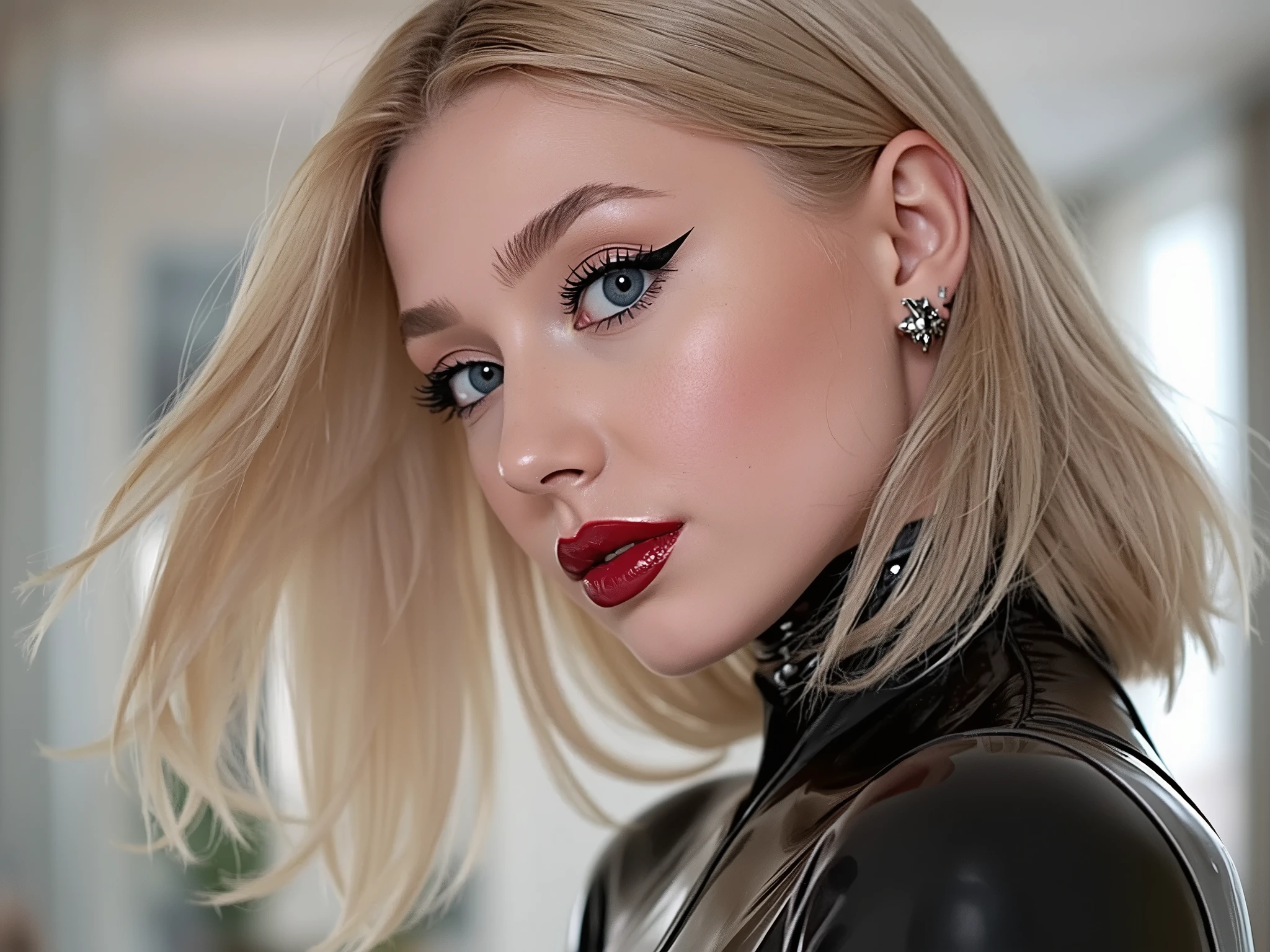 full body portrait, woman wearing a latex full body catsuit, deep red shiny lip gloss, eyeliner flicks, eye shadow, elegant blonde hair
