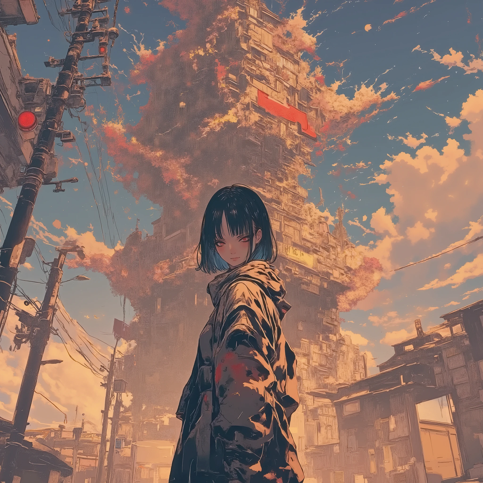 masterpiece, solo, rough stroke anime, 1girl, full body, panorama, brown hair, long hair, hoodie, high contrast, sharp line art, detailed illustration, long eyelashes, cinematic lighting, ambient light, volumetric lighting, ultra aesthetic environment, 8k, 16k, hdr, best quality, indirect lighting, super quality composition,sunset , realistic anime background, cinematic lighting, bokeh , blurry background, tokyo city, sunset, vast sky,