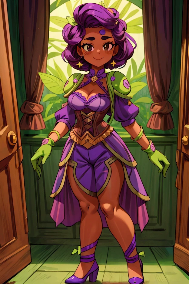 (flower-shaped eye patch), yellow skin, messy hair, messy clothes, large breasts, short skirt, neckline, scorpion tail, colored skin, yellow eyes, tongue out of mouth, light brown hair, messy, short purple dress