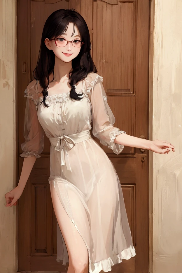 A beautiful woman posing for a photo wearing a thin, transparent dress with a flower print