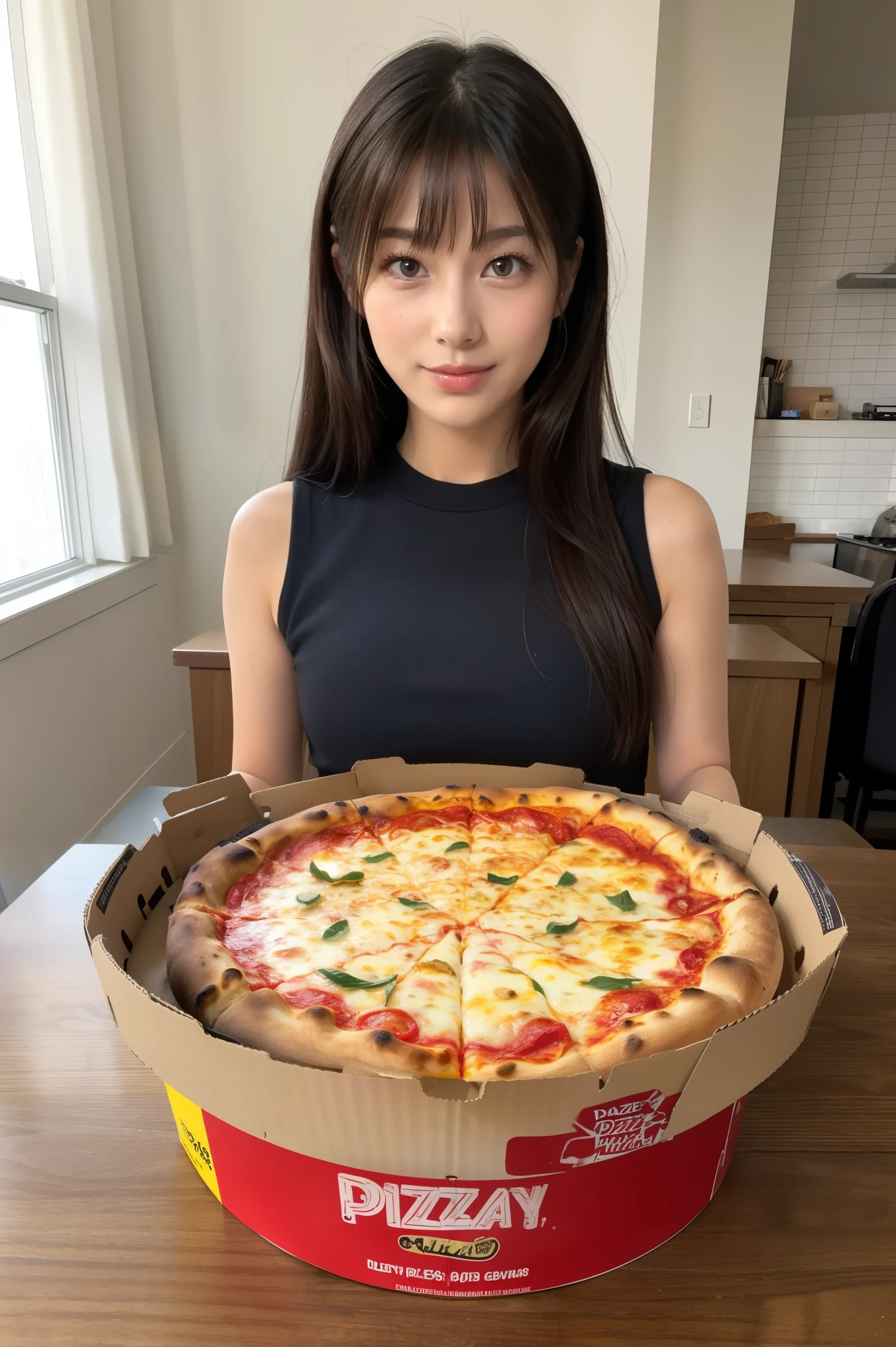 realistic pictures、Pizza on the desk、New York pizza、It's in the delivery box。 HD、 high quality