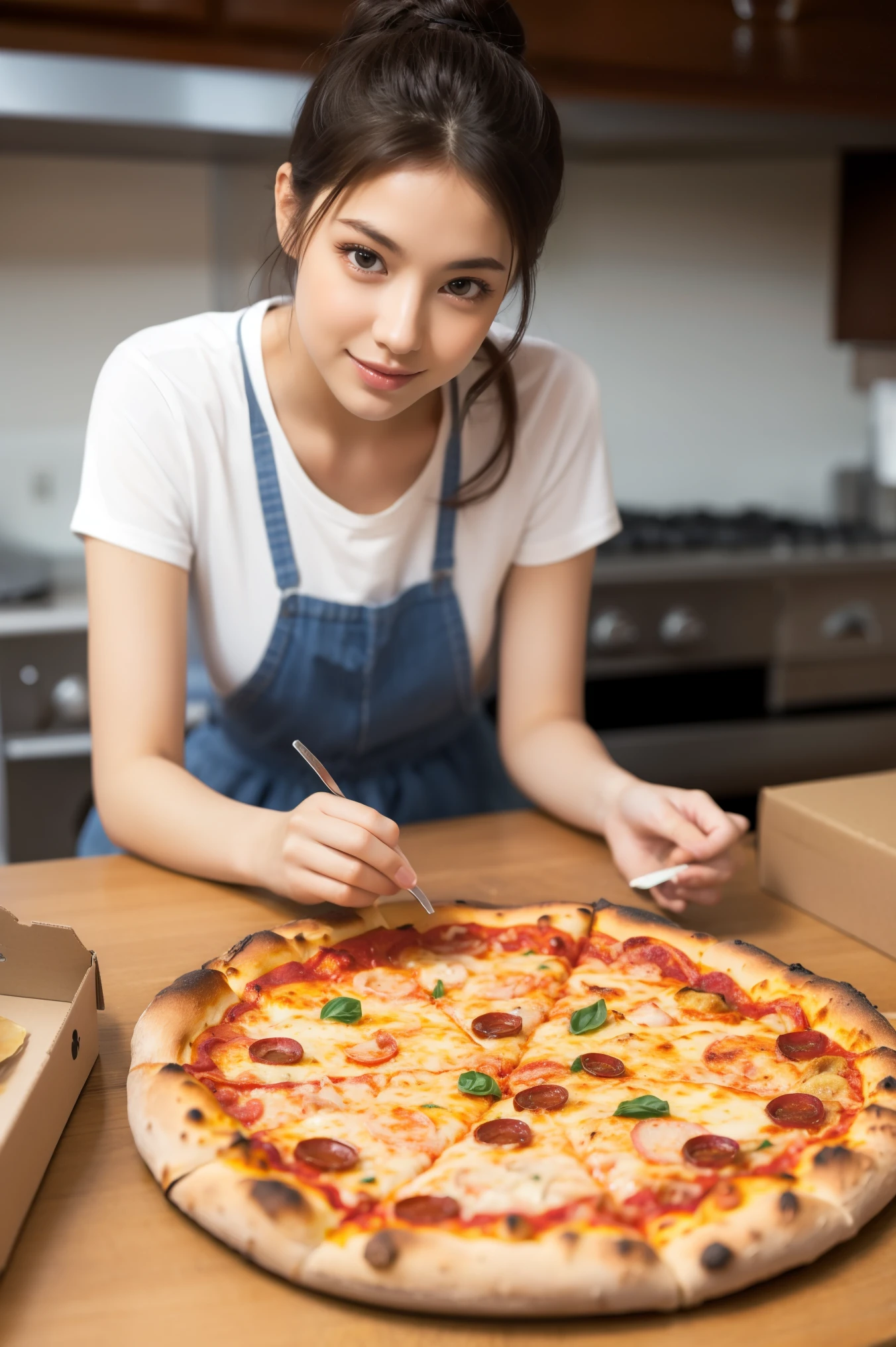 realistic pictures、Pizza on the desk、New York pizza、It's in the delivery box。 HD、 high quality