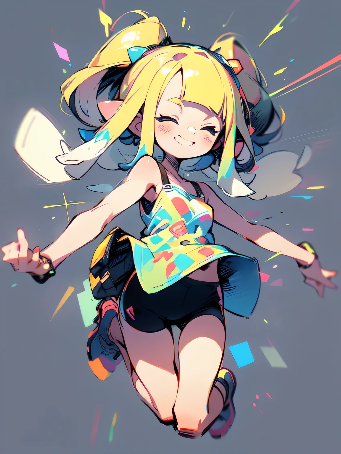 ( chibi),Alone,fullbody,blonde tunel,blunt bangs,cute face, camisole,miniskirt, absolute domain,(jumping),closed eyes smile,( manga style),(sketch),(illustration),