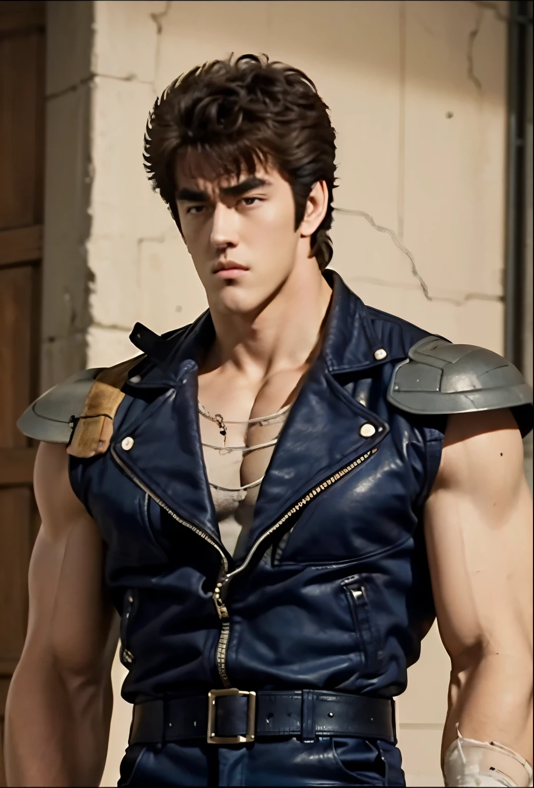 (( Kenshiro's Hairstyle , Short messy hair)), Brown Hair, thick eyebrows,(( sunglasses))