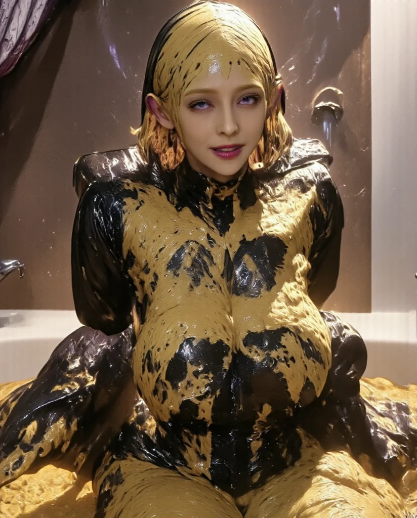 (High resolution,Tabletop:1.2),Very detailed,(Realistic:1.37),Portraiture,Full Body Shot、Slime Girl、Covered in golden slime, (Partially transparent), (Wet), (Blue Sweat), Golden liquid dripping from her body. Her hair is also Covered in golden slime. Golden slime scattered, Blonde, blue eyes、Very cute face