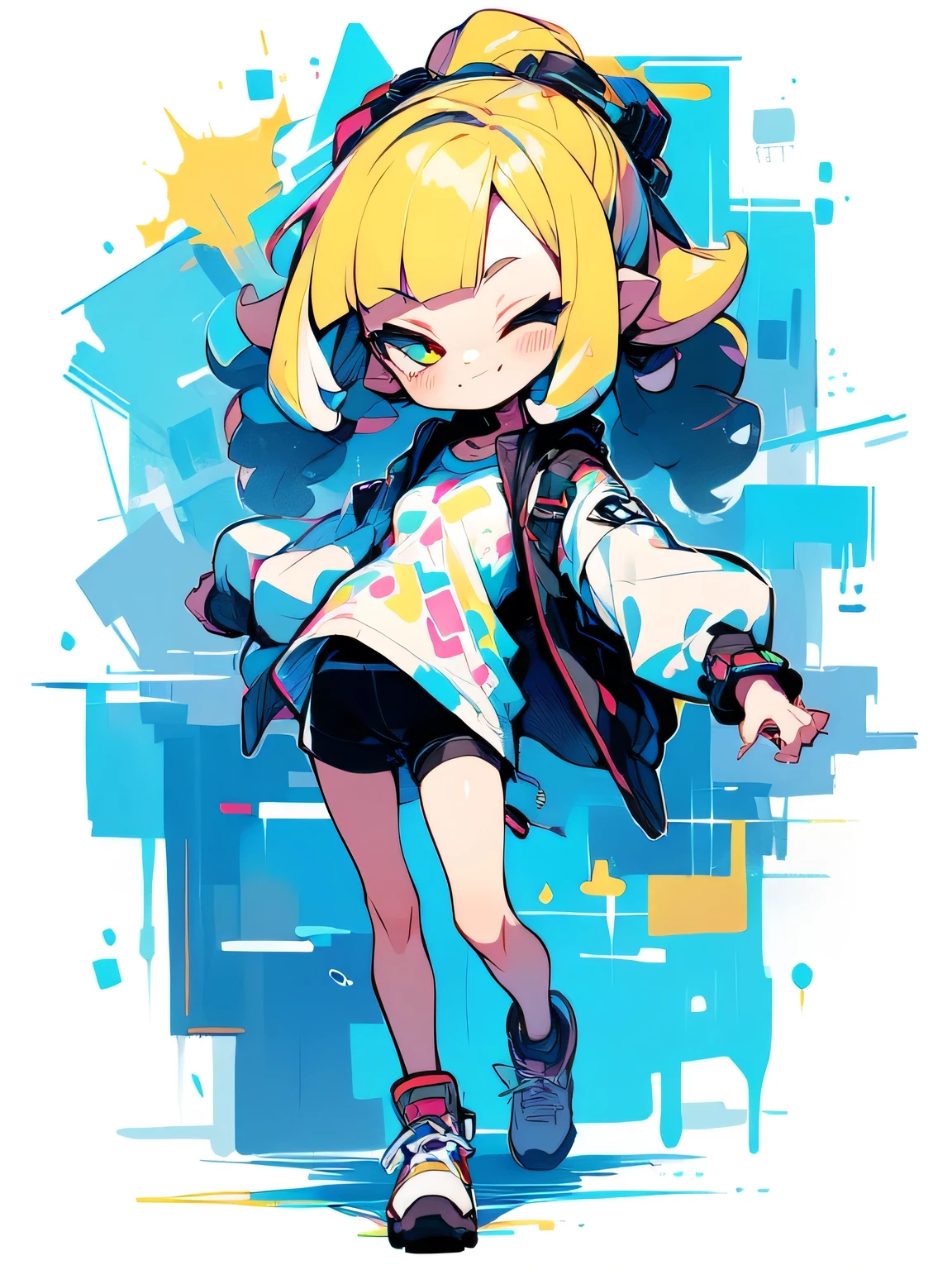 (( chibi)),Alone,fullbody,blonde tunel,blunt bangs,cute face, camisole,miniskirt, absolute domain,(jumping),closed eyes smile,( manga style),(sketch),(illustration),