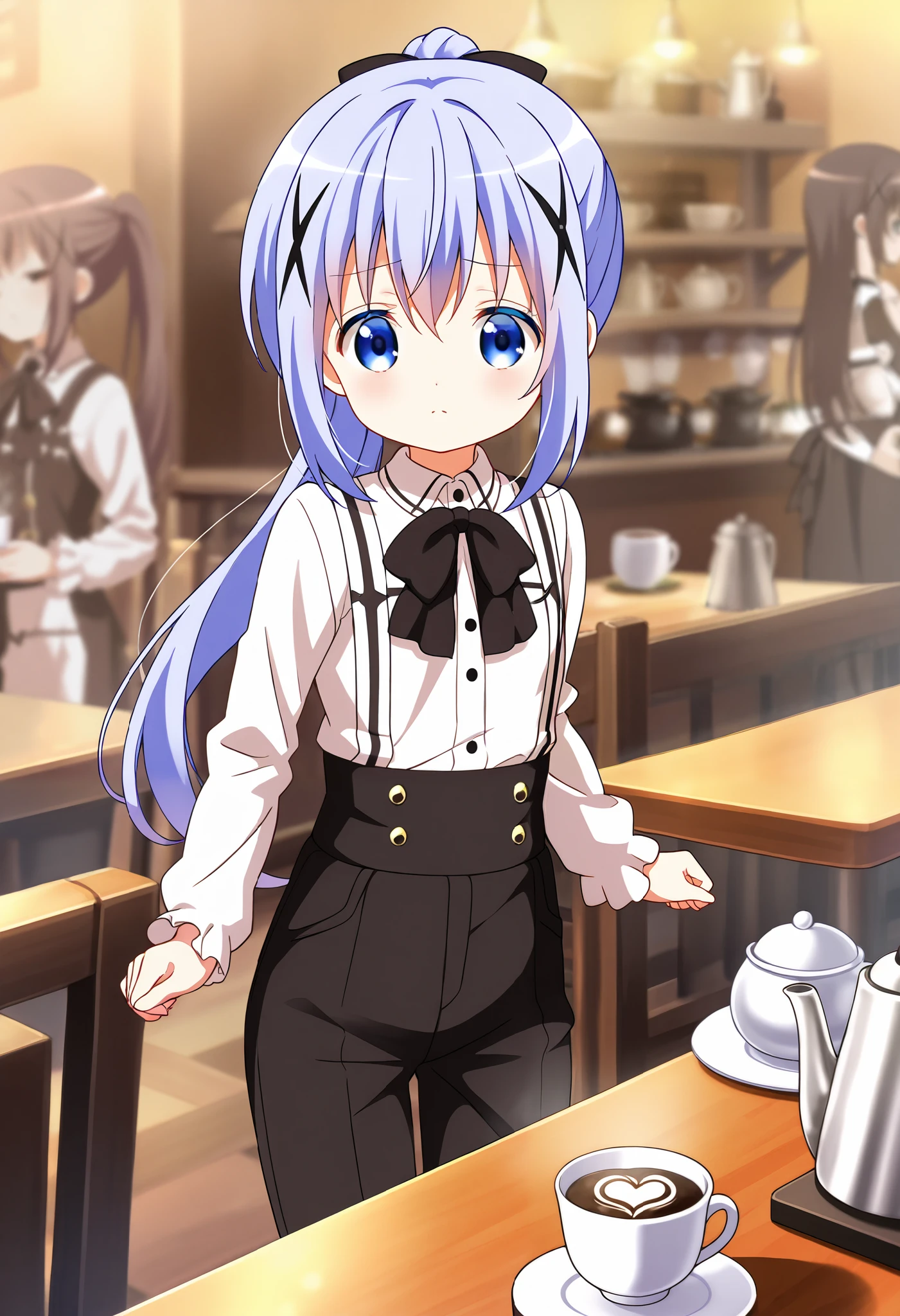 {long sleeve shirt}, {black bow tie}, {black suspenders}, {black long pants}, ponytail, {cross-dressing }, serious face ,1girl,Very cool ,small breasts ,, one woman ,kafuu chino, Original style, Very high quality, soft to the touch, beautiful,super detailed skin, high resolution, novel illustration, shiny skin,in gochuumon wa usagi desu ka? Style,{carry coffee},cafe