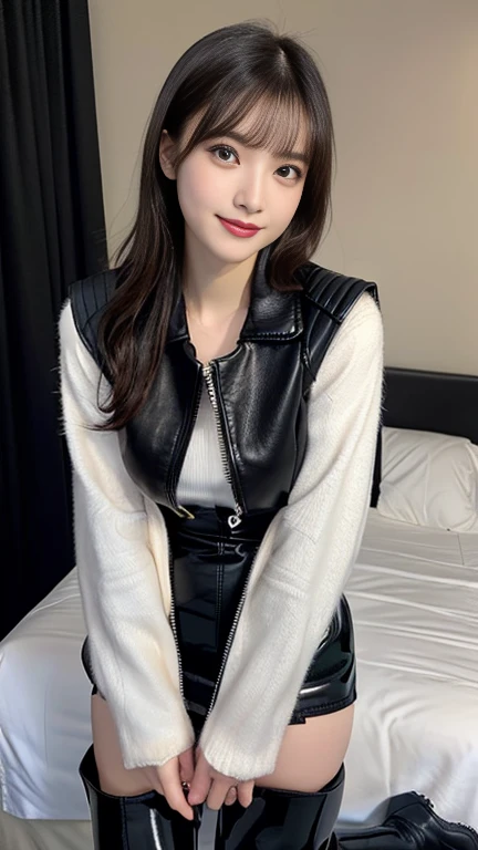 Lolita, smile, 20-year-old, ((highest quality)), ((masterpiece)), (High resolution:1.3), 3D, beautiful (cyber punk:1.3), Stylish woman looking at camera、Black leather clothing, No sleeve, Embarrassing, I can't see the skin on my lower back, Blue and black leather pants, Silver zipper,Belt below the waist,Ultra-fine illustrations,Blonde , Show your forehead, Silver Center Zipper, Leather Blue Black Bodysuit, No sleeveブルーブラック, Shiny, Blonde Ponytail