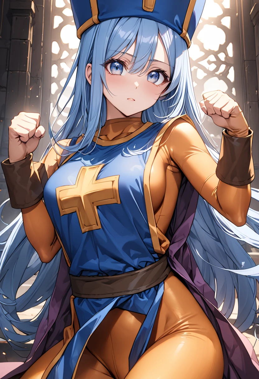 (masterpiece, best quality:1.1), priest \(dq3\), 1girl, solo, long hair, blue hair, red eyes, mitre, tabard, cross print, orange bodysuit, elbow gloves, large breasts, holding, staff, nature, blue sky <lora:DQ3PRIEST:1>, <lora:hyperfusion_550k_128dim-LoCon_extracted-v7:0.4>