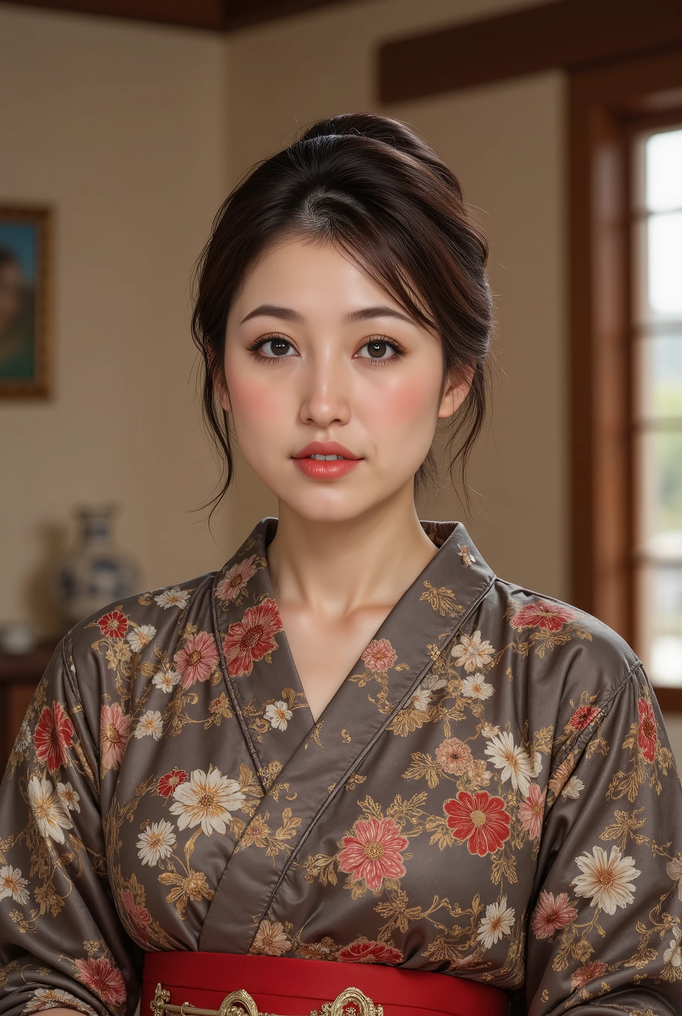 best quality, masterpiece, super high resolution, beautiful Japanese mature woman, Kind Face, green eyes, kind smile, Curvy Body, big boobs, updo brown hair, Japanese female Cloth Outfit, Japanese kimono, In Old Japanese-style Room, night:1.2,