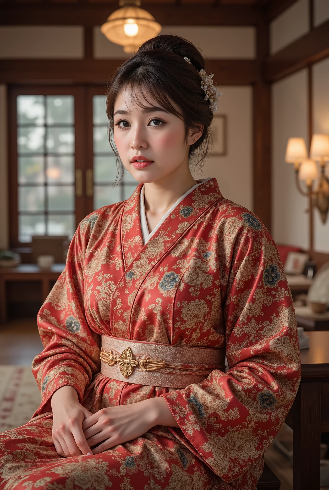 best quality, masterpiece, super high resolution, beautiful Japanese mature woman, Kind Face, green eyes, kind smile, Curvy Body, big boobs, updo brown hair, Japanese female Cloth Outfit, Japanese kimono, In Old Japanese-style Room, night:1.2,