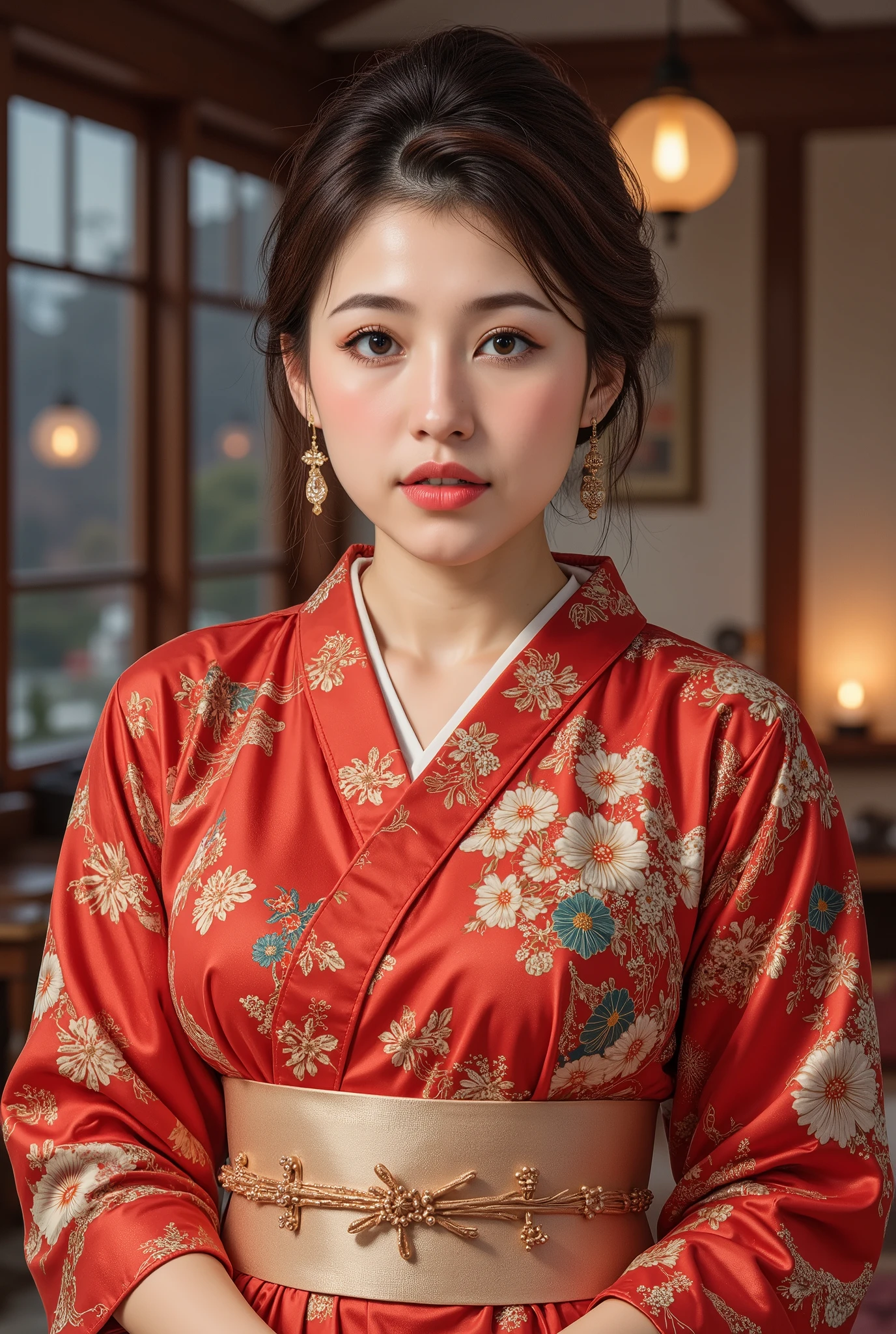 best quality, masterpiece, super high resolution, beautiful Japanese mature woman, Kind Face, green eyes, kind smile, Curvy Body, big boobs, updo brown hair, Japanese female Cloth Outfit, Japanese kimono, In Old Japanese-style Room, night:1.2,
