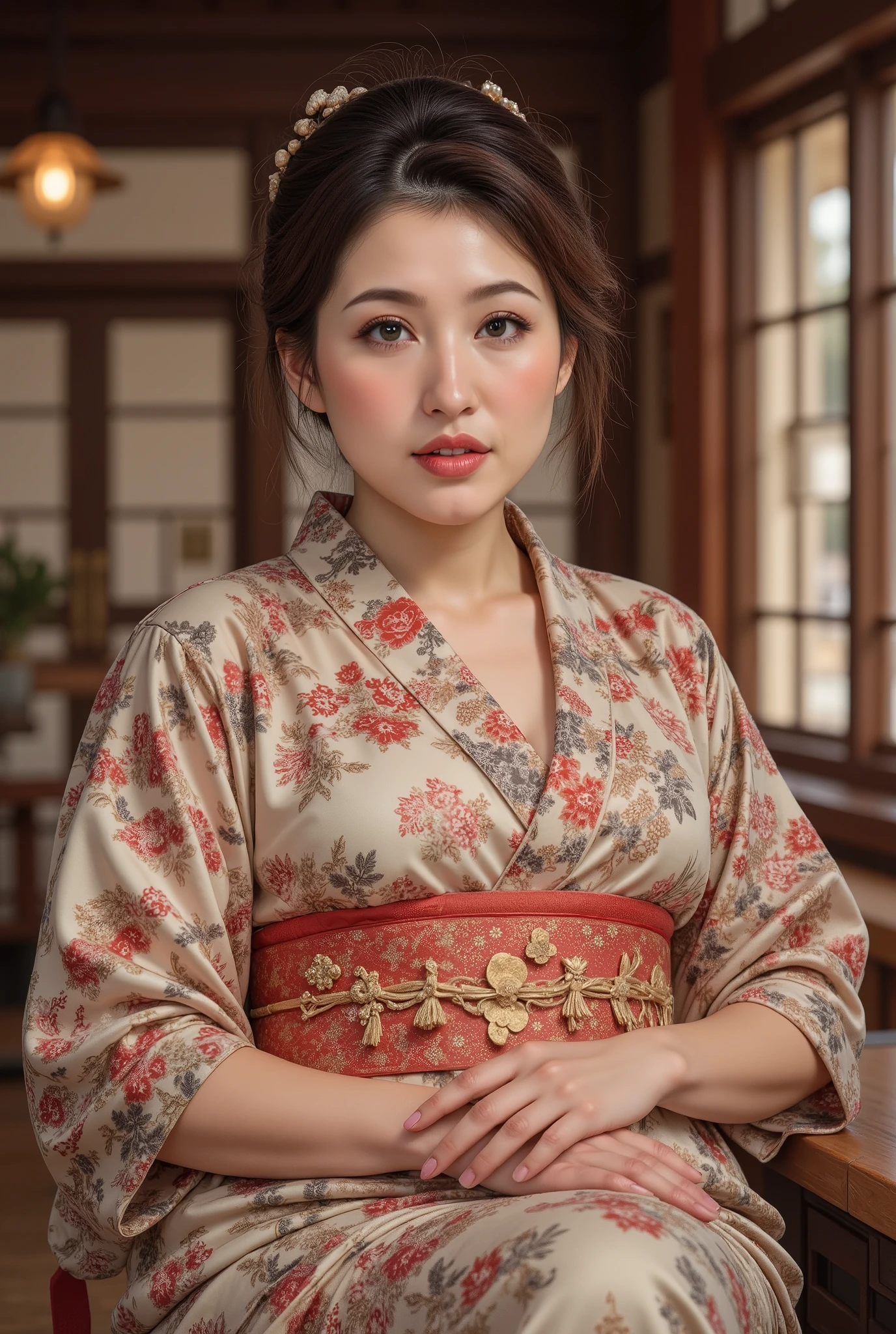 best quality, masterpiece, super high resolution, beautiful Japanese mature woman, Kind Face, green eyes, kind smile, Curvy Body, big boobs, updo brown hair, Japanese female Cloth Outfit, Japanese kimono, In Old Japanese-style Room, night:1.2,