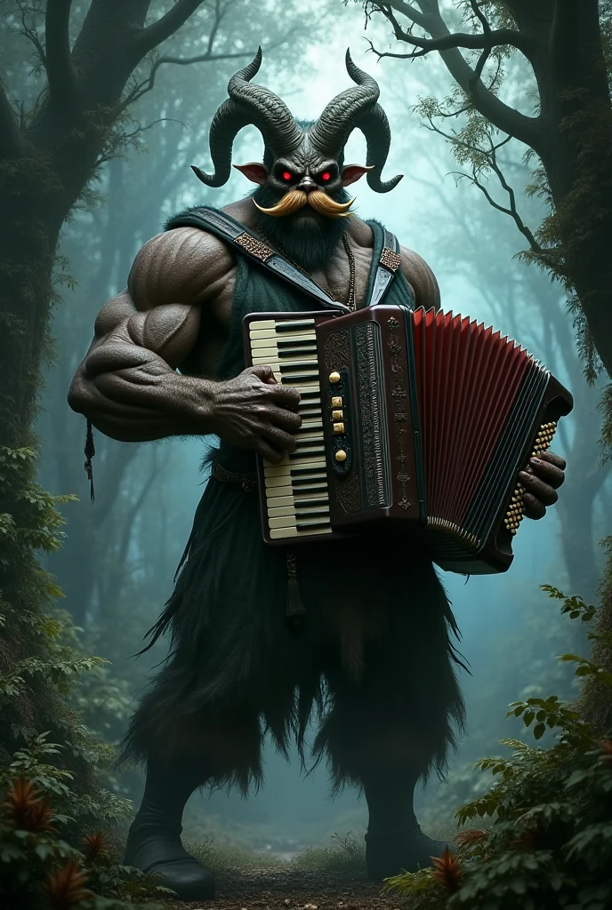 an albino minotaur playing a banjo, bull's head, red eyes, painting, in the style of Todd Lockwood, RPG, forest