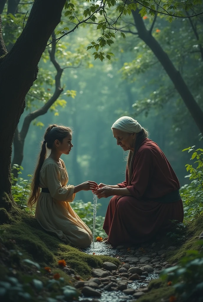A Wise Woman or Witch teaching a brown-haired boy and a brown-haired girl how to sign