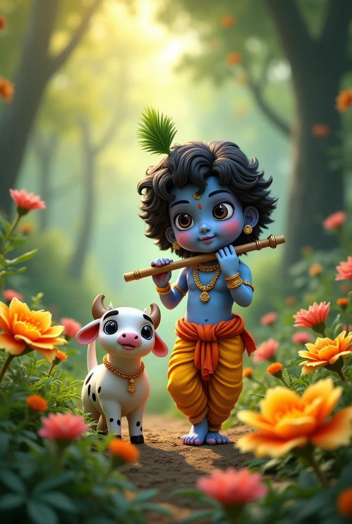 little blue krishna with smiling face looking towards screen and holding a cow baby with his hand and standing in a village.Village name EZHUMATTOOR is highlighted in road sign board. There are some baby cows and peacock birds nearby 