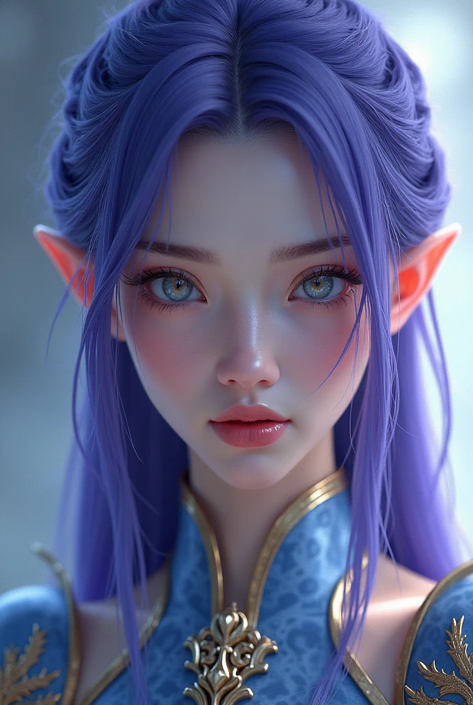 a close up of a woman in a silver and blue high detail dress, face and body facing front, purple l9ng hair, texture skins, glowing eyes, chengwei pan on artstation, by Yang J, detailed fantasy art, stunning character art, fanart best artstation, epic exquisite character art, beautiful armor, extremely detailed artgerm, detailed digital anime art, artgerm on artstation pixiv, high detaio elf war armor girl, slim figure, Cinematic Lighting, cinematic colors,8k