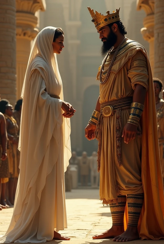 man strong, hairy and bearded man standing in white underwear with an Islamic cap on his head a golden scapular around his neck and a holy book in his hand. Next to a woman in evangelical dress.
