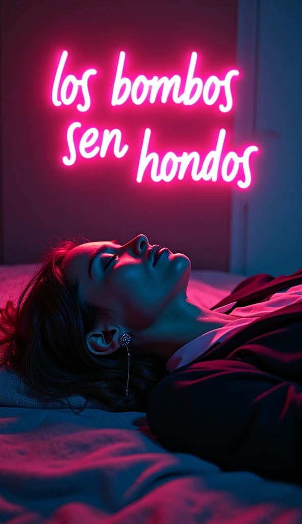 In the image, green and red neon lights illuminate the body of a young man lying on a bed with no underwear or covering. His prominent and attractive buttocks are centered in the picture. Just above his buttocks, exactly on the two dimples of his lower back, the tattooed text "TaeHaVincent" is visible. The